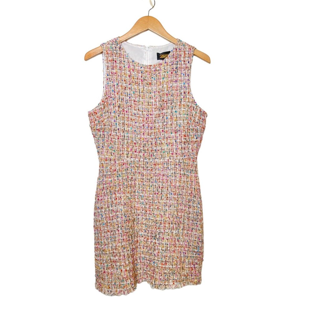 Alexia Admor Textured Multicolor Metallic Tweed Fringe Hem Sheath Dress Size 8